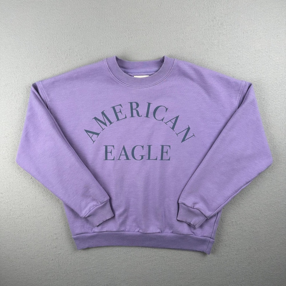 American Eagle Sweatshirt Women Small Purple Graphic Logo Relaxed Crewneck 1675